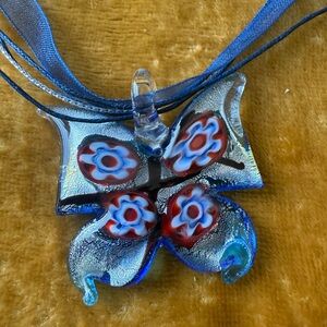 Murano Glass Blue and Silver Butterfly Pendant Necklace